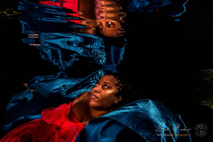 Underwater Black Model in Mexico in a cenote close to Tulum - Sebi Messina Photography