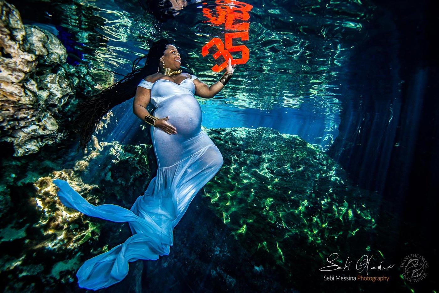 Black Woman Underwater Maternity Mexico - Sebi Messina Photography